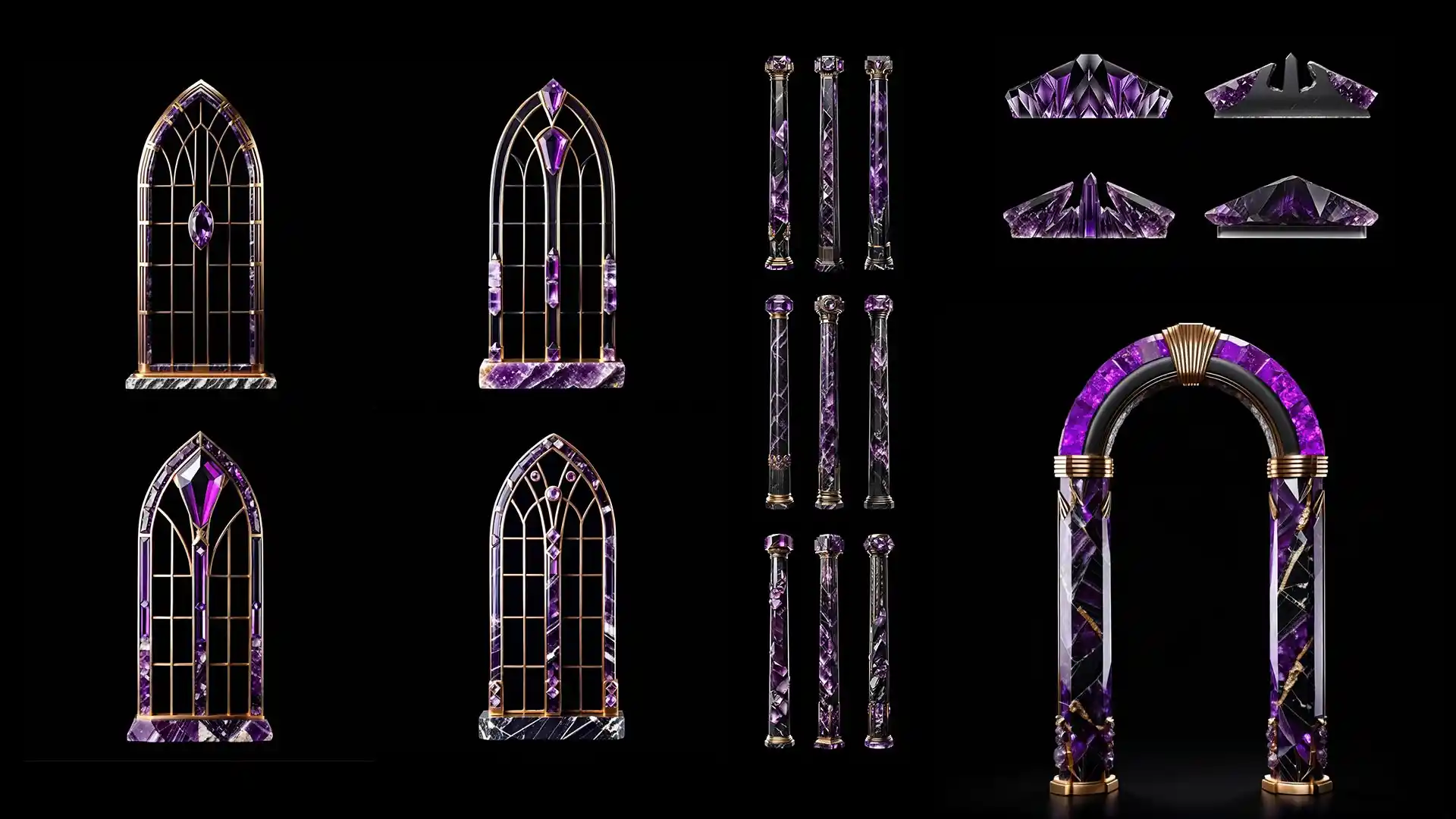 Amethyst columns and arches โ purple gemstone projection mapping texture for luxury events