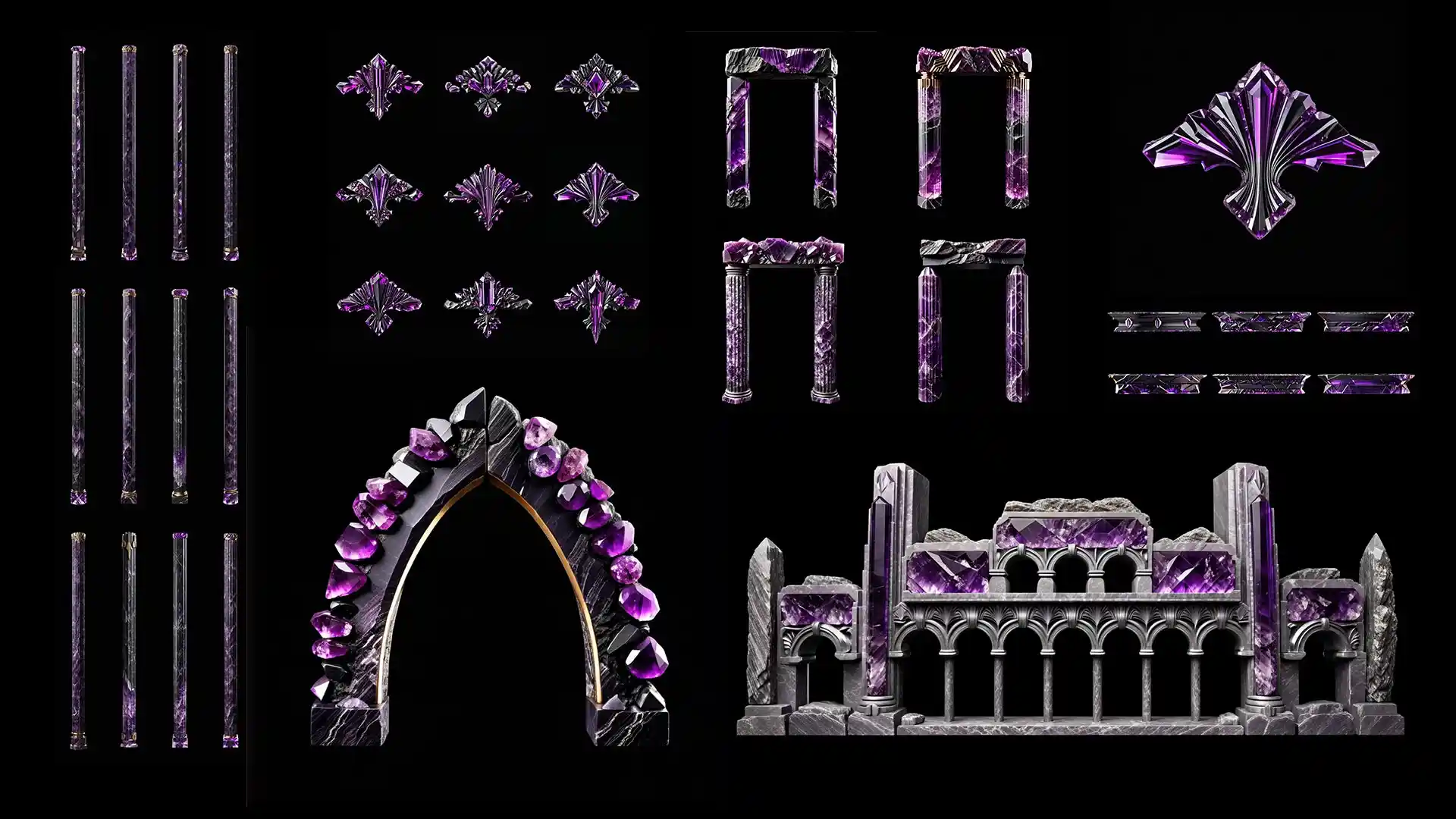 Black rock and amethyst pediments โ gothic-style projection mapping facade texture