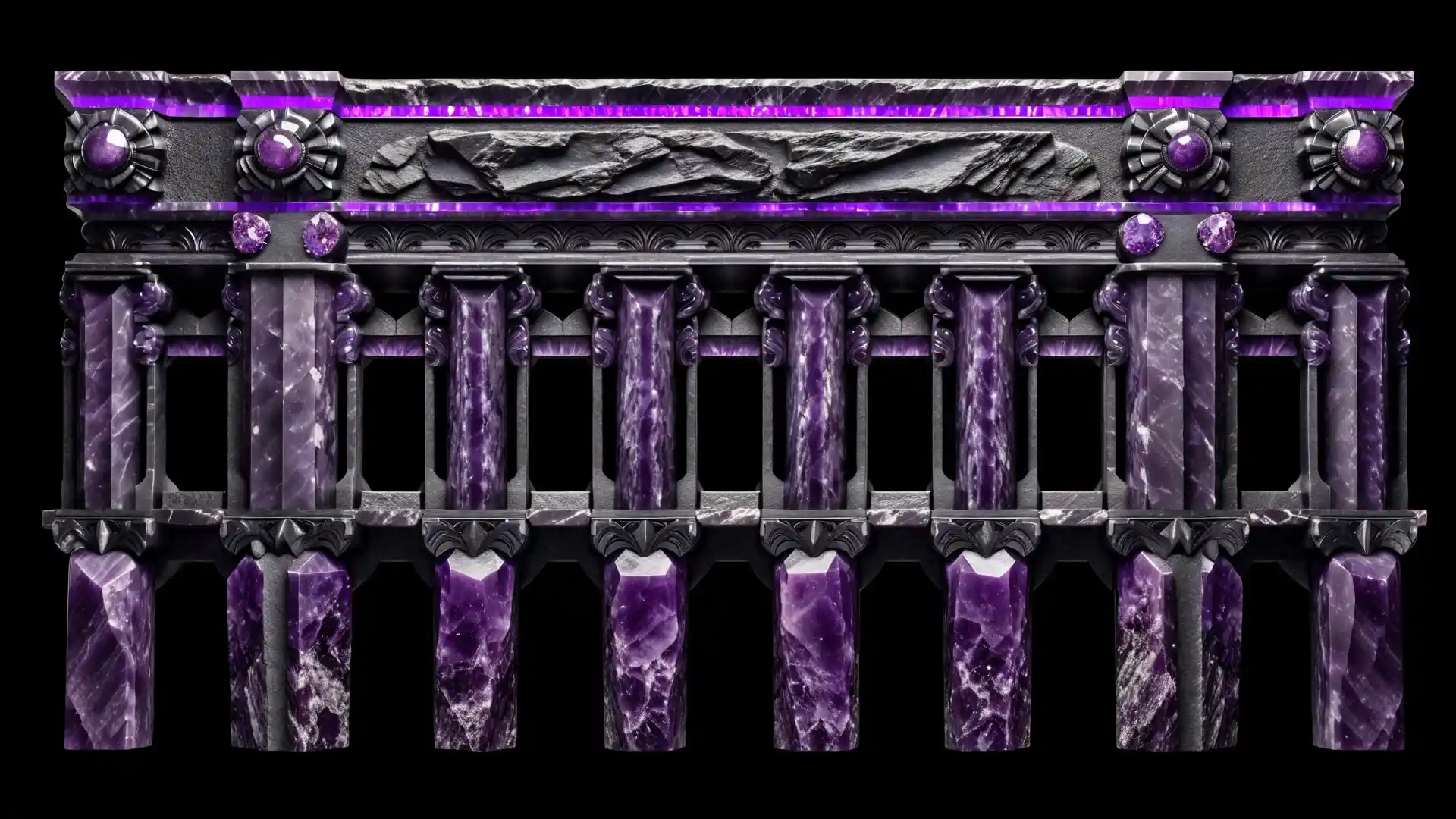 Amethyst mineral pillars and ornaments โ dark luxury facade texture for projection mapping