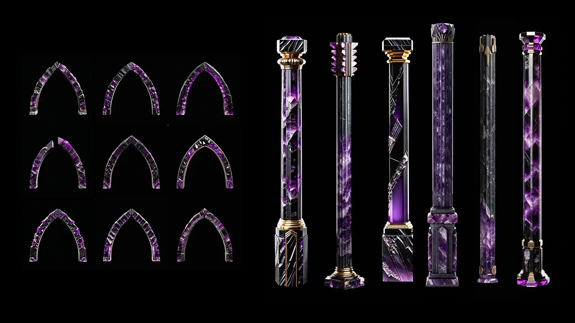 Violet and gold gothic arches โ amethyst projection mapping texture for art installations