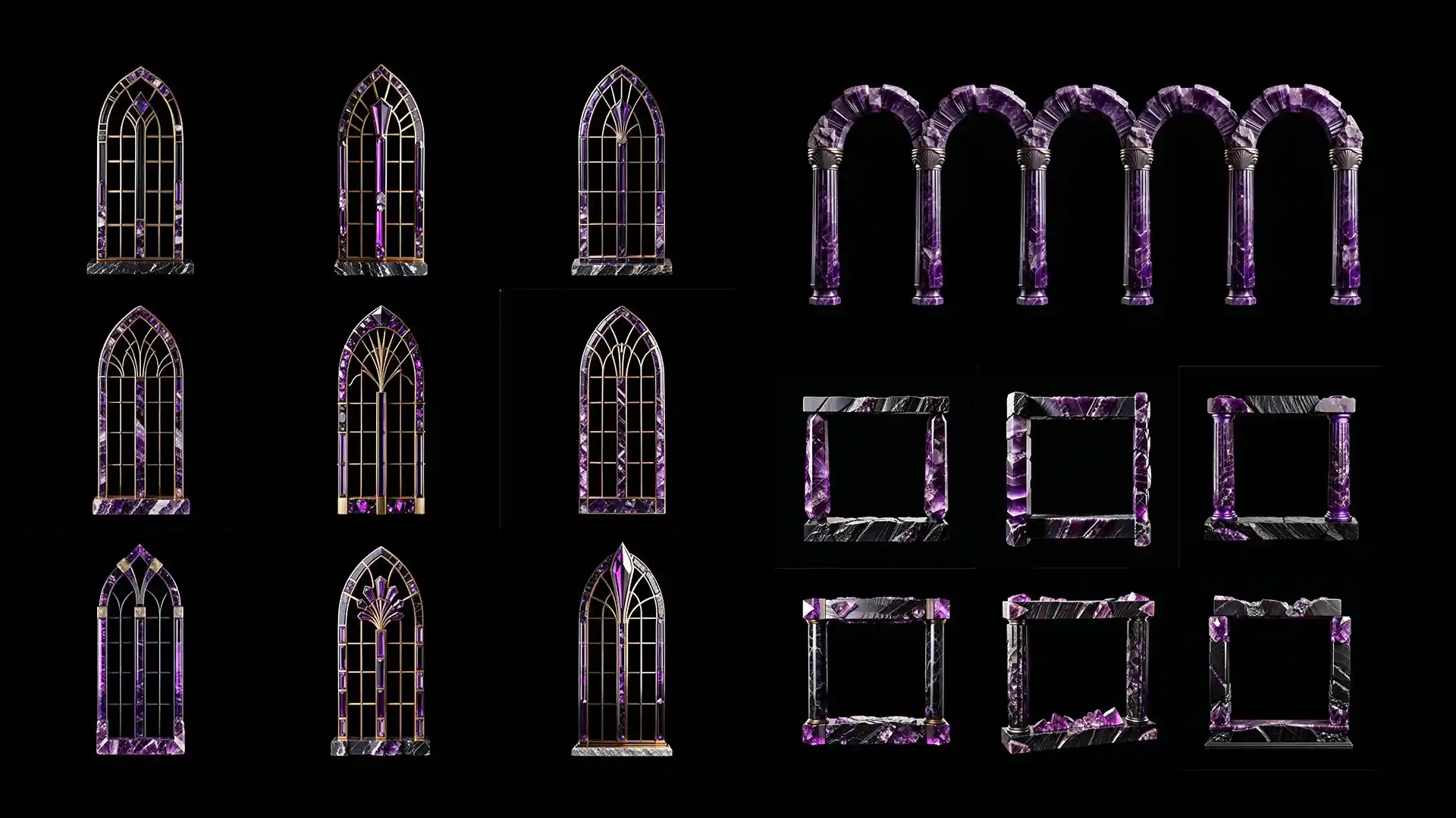 Saint Amethyst facade overview โ 700 JPG projection mapping textures with violet gemstone elements