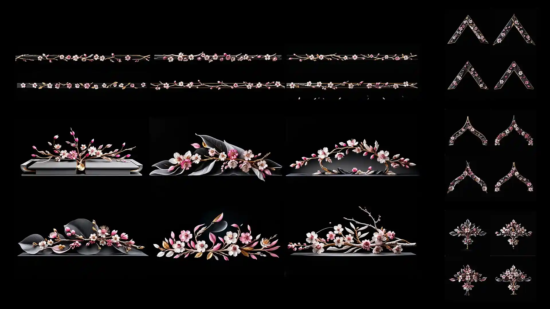 Cherry blossom pediments and cornices โ facade decoration texture for projection mapping show