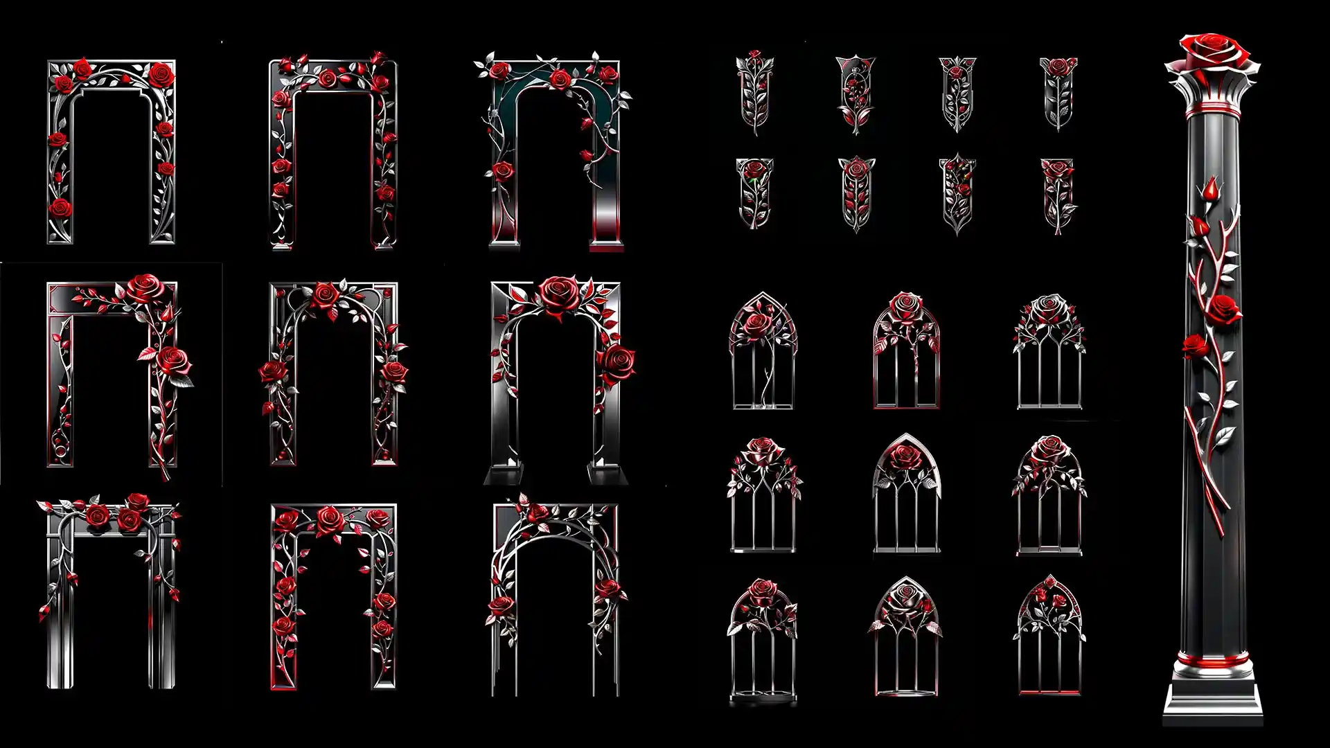 Red rose windows and frames โ high-resolution silver projection mapping texture