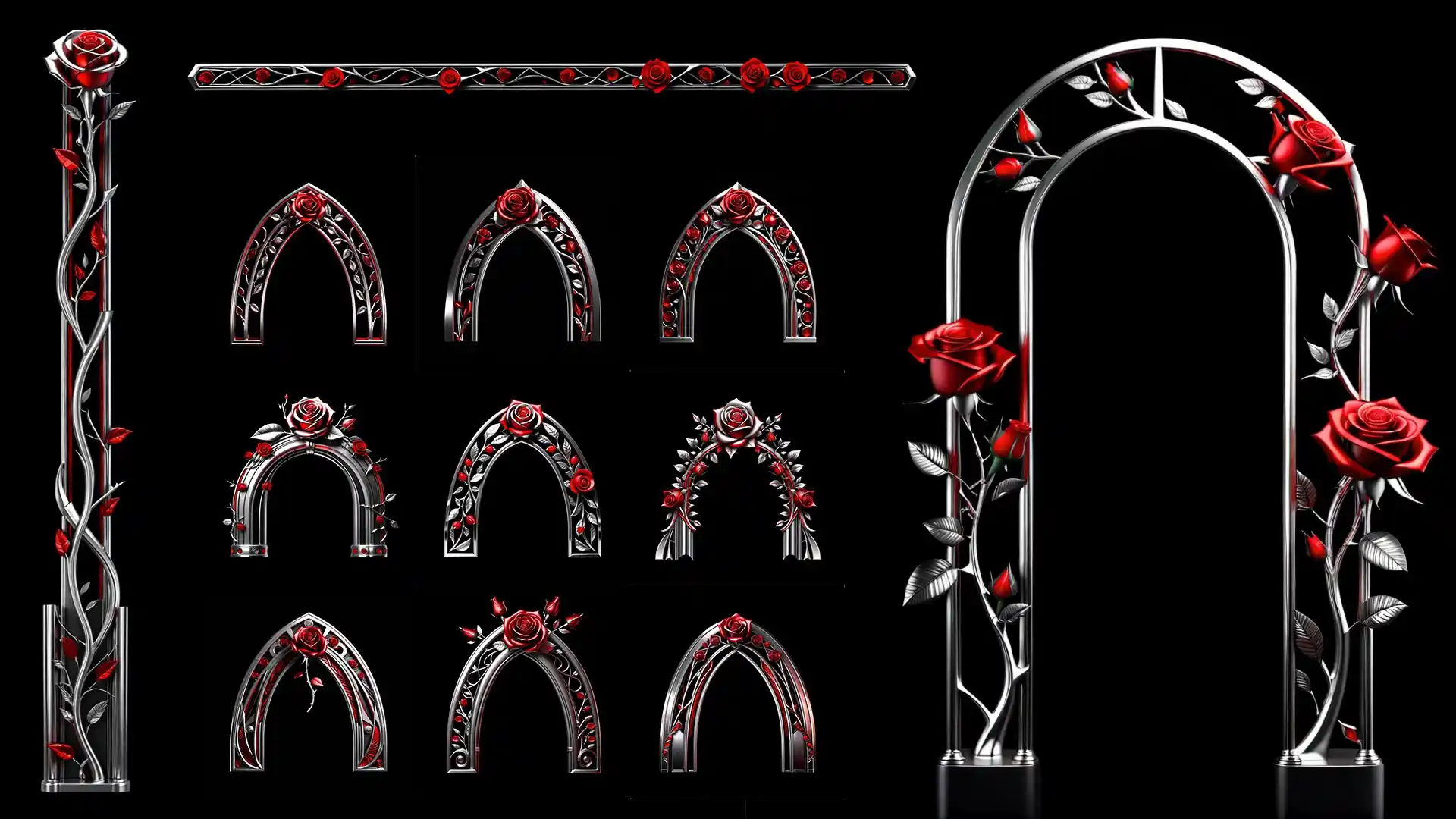 Silver metal pillars and corbels with rose ornament โ projection mapping facade texture