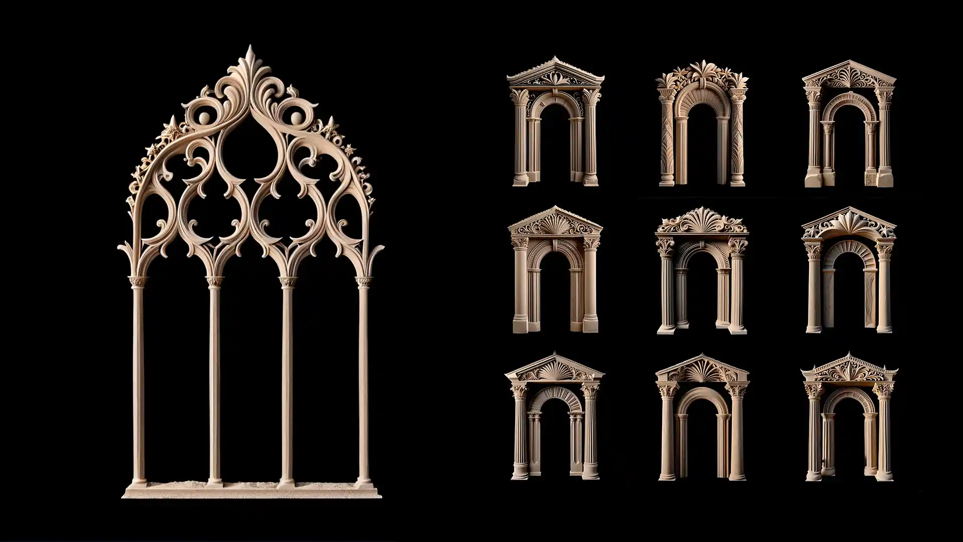 Sandstone arches and floral carvings โ warm beige projection mapping texture for cultural events