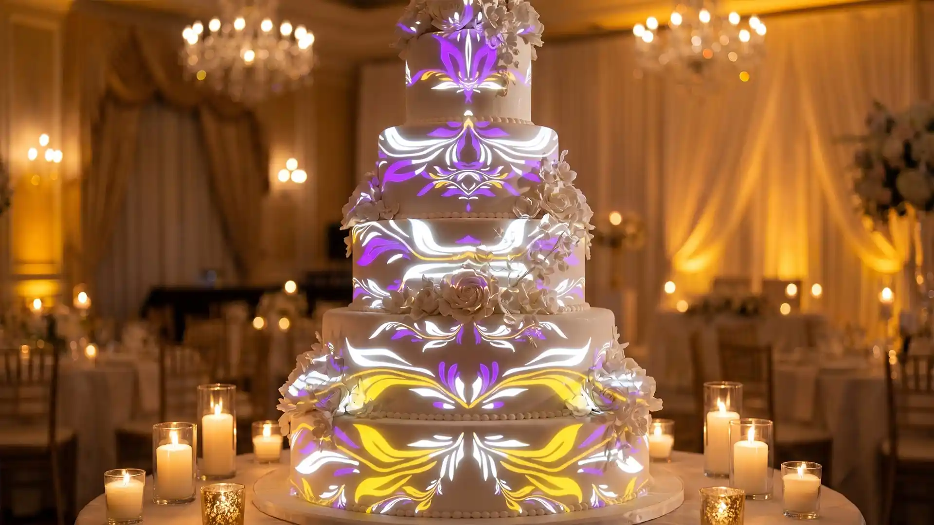 Gold baroque flourish scroll animation on 5-tier wedding cake — Full HD projection mapping loop