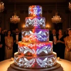 Silver ornamental flourish unfurling across wedding cake tiers — cake projection mapping visual
