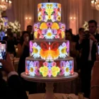 Red rose petal mirror sequence animated on 5-tier wedding cake — projection mapping visual