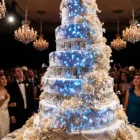 Flower garland animation and white particle scatter on tiered wedding cake — video mapping visual for Resolume