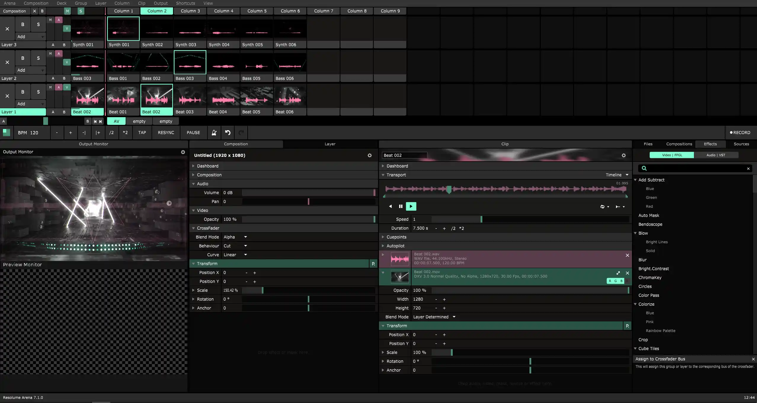 Resolume Arena software interface — live video mixing and projection mapping