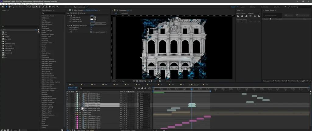 Happy-Mapping---Projection-Mapping-Video-Course---software-Layer-19 Video Mapping Loops layered over the facade texture in the After Effects timeline