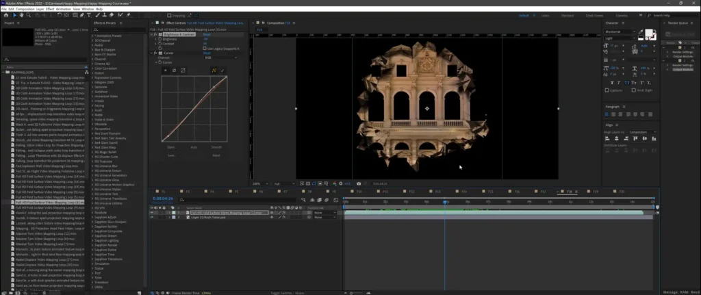 Happy-Mapping---Projection-Mapping-Video-Course---software-Layer-2 Video Mapping Loops layered over the facade texture in the After Effects timeline
