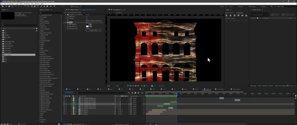 Happy-Mapping---Projection-Mapping-Video-Course---software-Layer-23 Positioning toolkit columns and arches to match the facade architecture in After Effects