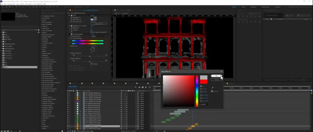 Happy-Mapping---Projection-Mapping-Video-Course---software-Layer-25 Keyframe timing of decorative elements on the After Effects timeline