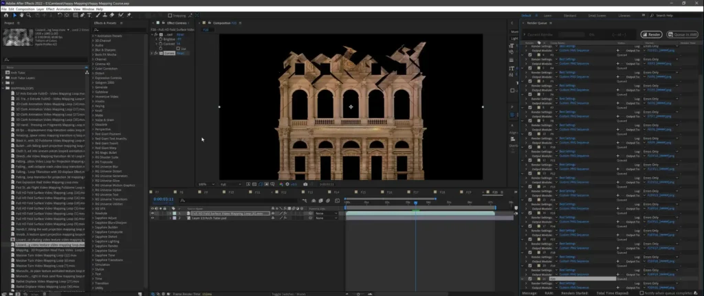 Happy-Mapping---Projection-Mapping-Video-Course---software-Layer-3 Facade texture imported into an After Effects composition, start of the projection mapping tutorial