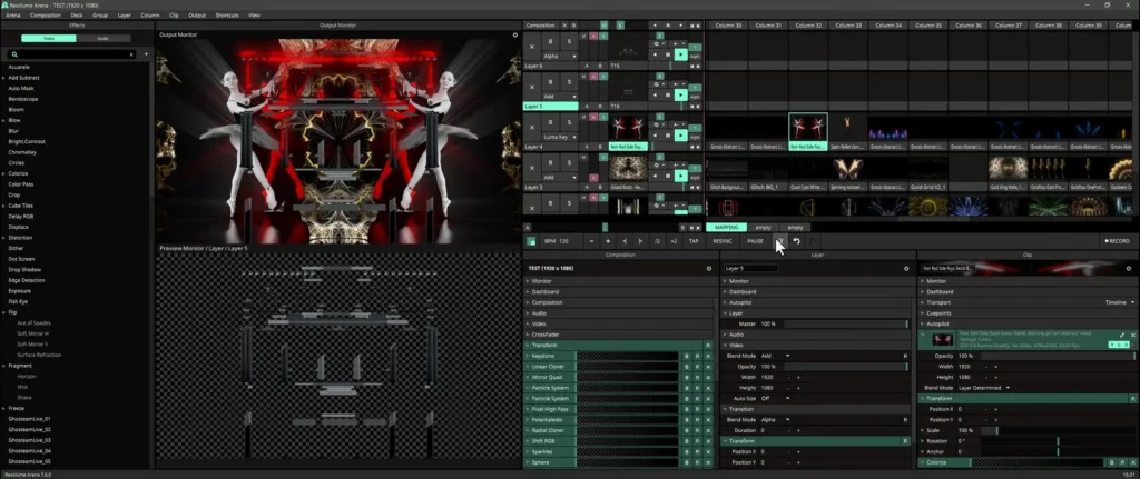 Happy-Mapping---Projection-Mapping-Video-Course---software-Layer-38 Live mixing of facade mapping clips in Resolume Arena during the show