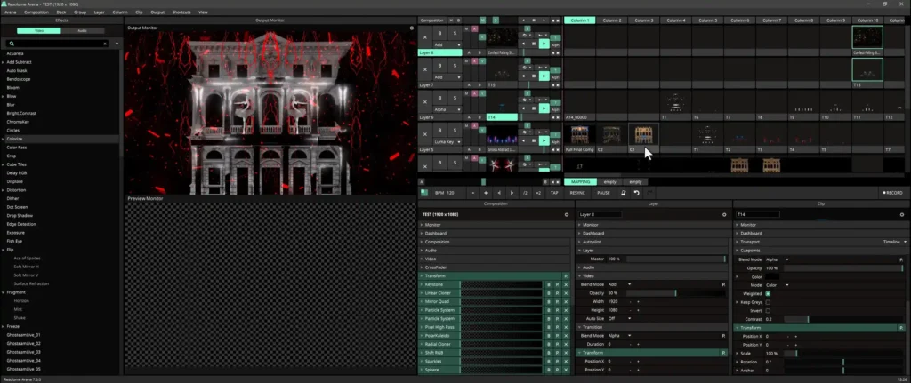 Happy-Mapping---Projection-Mapping-Video-Course---software-Layer-41 Rendered facade compositions loaded into Resolume Arena for live playback