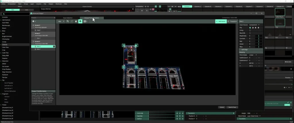 Happy-Mapping---Projection-Mapping-Video-Course---software-Layer-43 Resolume Arena Advanced Output used to map content onto the building in the projection mapping tutorial